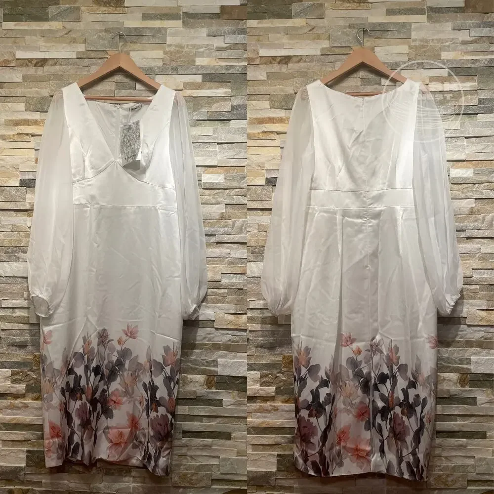 FEHAUTE US10 White Bridal Dress | Sheer Sleeves, Floral Hem, NWT - Picture 5 of 13